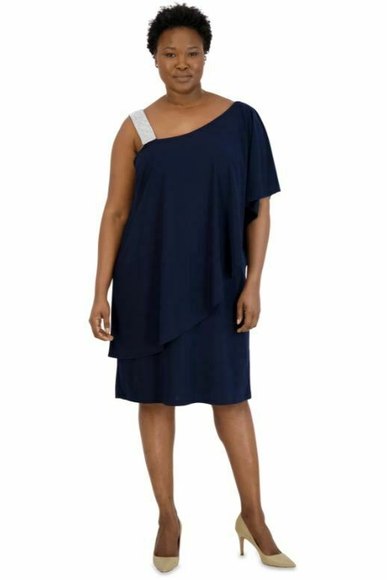 R & M Richards Plus Size Rhinestone-Trim One-Shoulder Dress Asymmetrical Drape - Picture 6 of 12